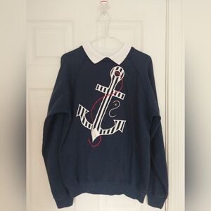 90 VINTAGE HANES Sweatshirt Women LARGE Blue Anchor Embroidered Made USA